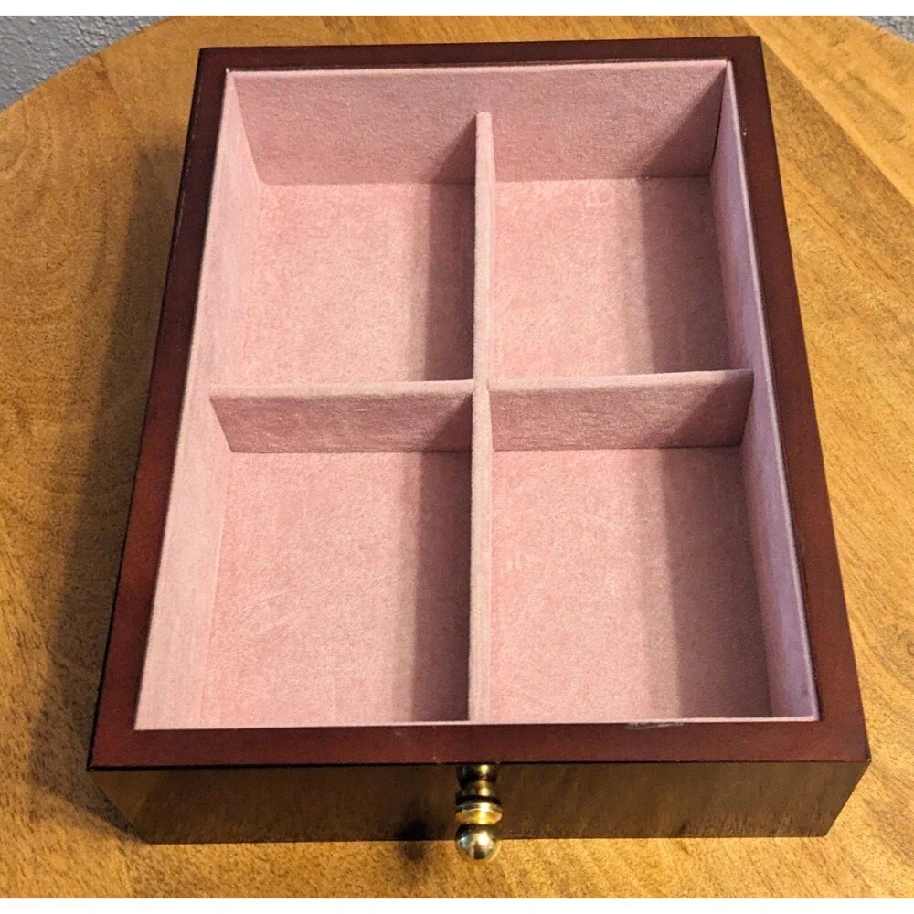 Vintage Solid Wood Jewelry Box Cherry Finish Pink Velvet Lining Flip Up Mirror